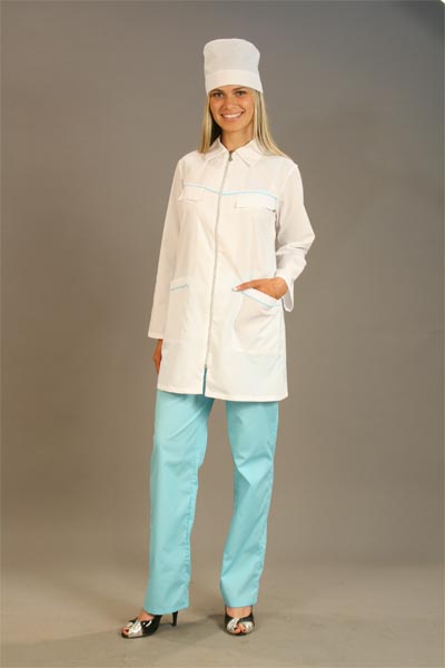 Костюм медицинский женский, состоящий из блузы с длинным рукавом на молнии и брюк на резинке